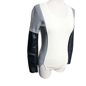 AiKO KWAN  Color Block Cashmere Blend Leather Long Sleeve Sweater  XS